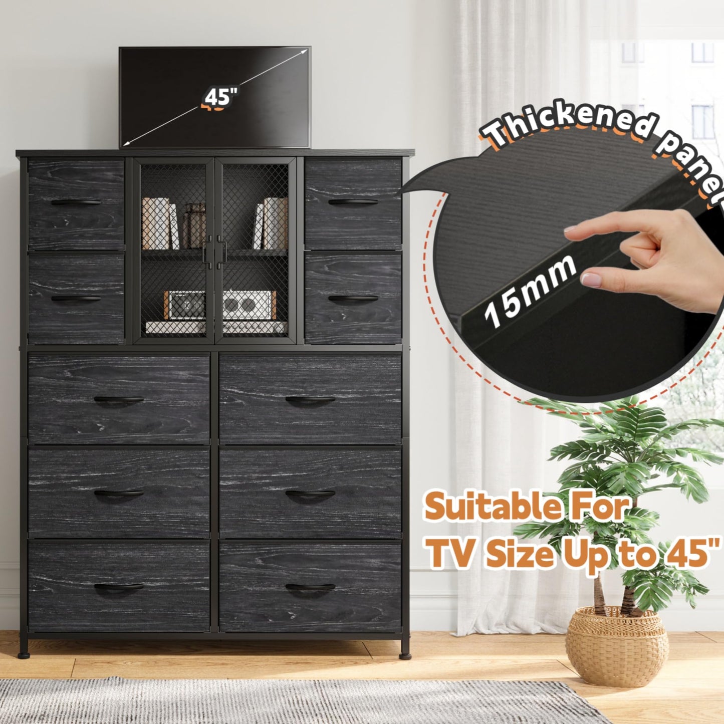 Dresser for Bedroom with Mesh Door Black Dressers & Chests of Drawers Tall Dresser with 10 Fabric Drawers, Metal Frame, Wood Top, for Closet, Entryway, 48.1" Hx38 Wx11.81 D
