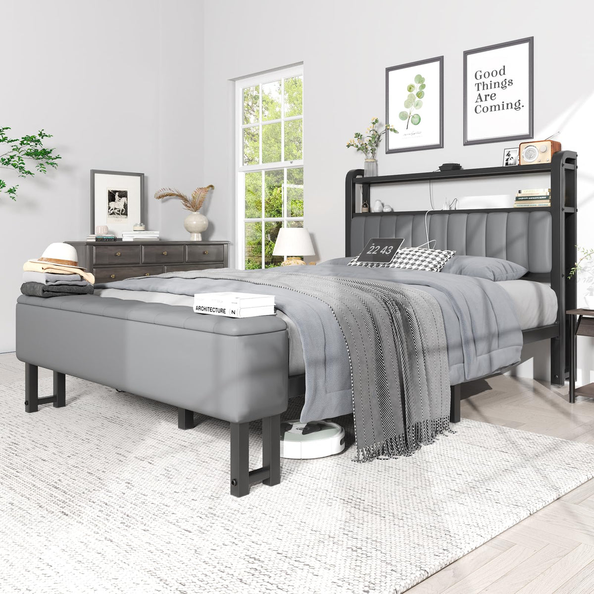 LoVinson Full Size Bed Frame with Headboard & Star Projector, Metal Upholstered Bed Frame with Charging Station, Heavy Duty Bedframe with Storage Ottoman, Noise-Free, No Box Spring Needed, Grey