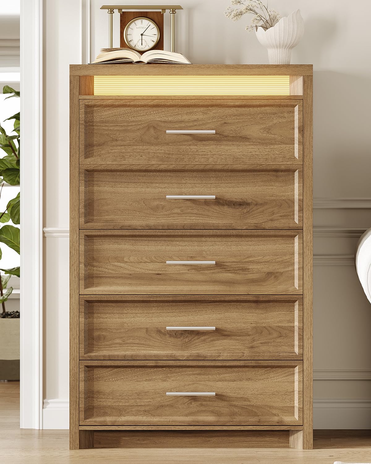 AOGLLATI Mid-Century Modern Dresser for Bedroom with 5 Drawer, Dressers& Chests of Drawers, 44.5” Tall Wood Dresser with 3 Color Lights for Bedroom, Wood