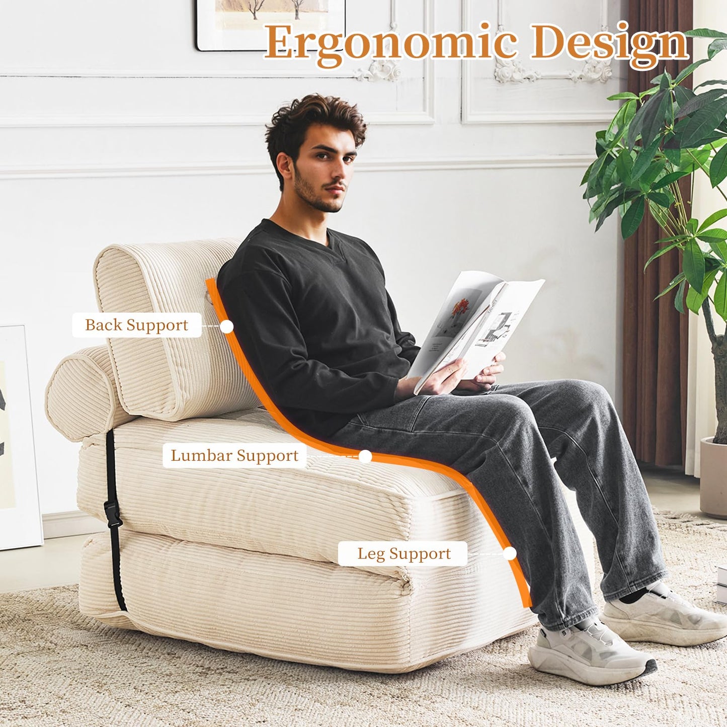 Furnimart Twin Size Folding Sofa Bed, 3 in 1 Convertible Sleeper Chair, Modern Single Sofa Lounge Chair, Small Pull Out Sleep Bed, Floor Futon Couch for Living Room, Corduroy Beige