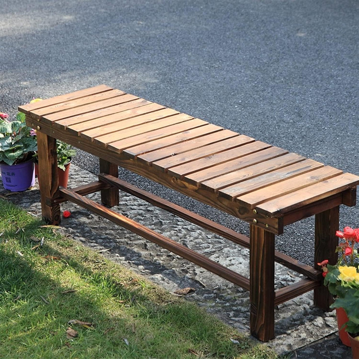 YangAera 35.4'' Outdoor Garden Benches Weatherproof Patio Bench Two-Person Seat Backless Bench Wood Bench with Slatted High Temperature Bench for Front Porch Backyard (Upgraded to Prevent Fading)
