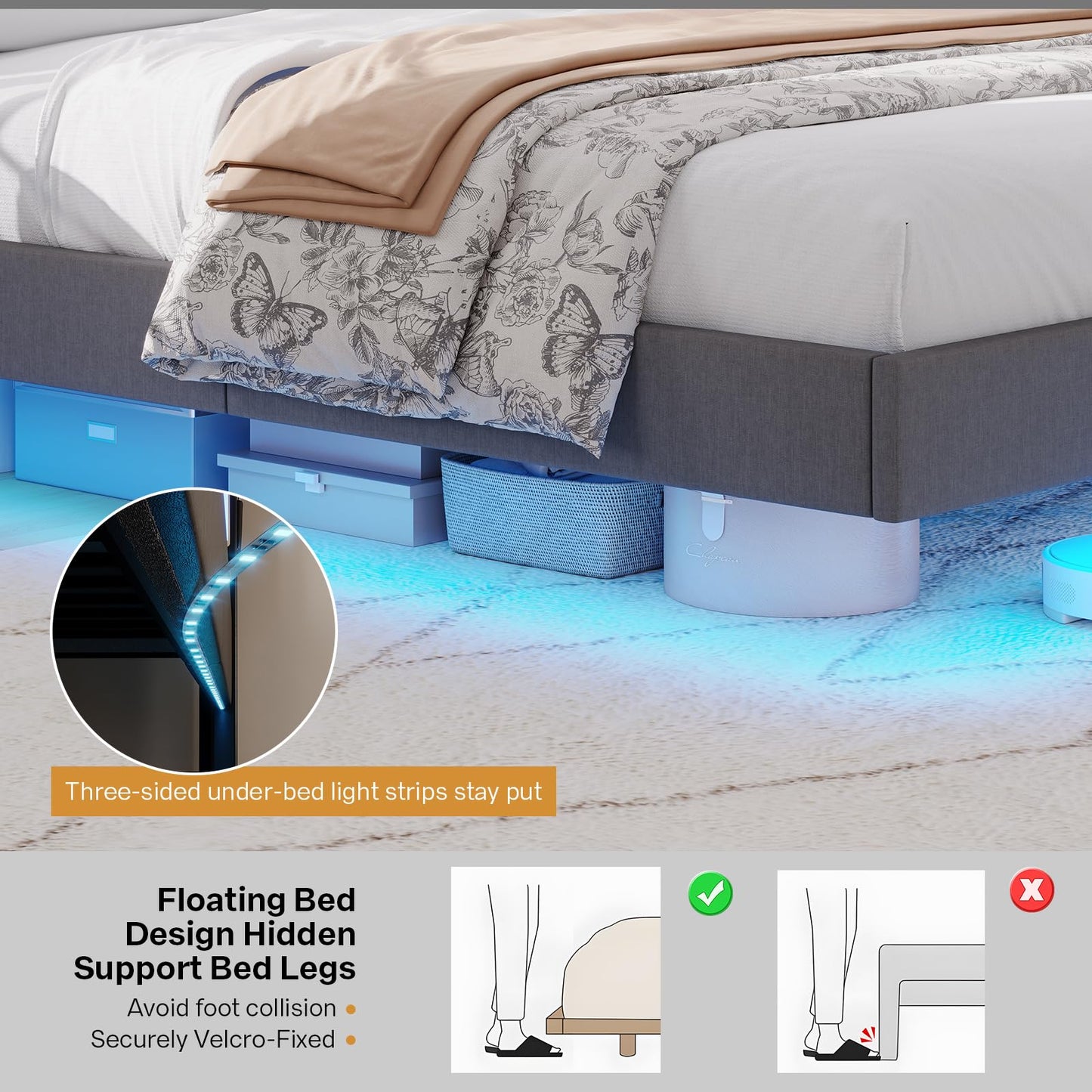 Dnxao Floating Bed Frame,King Bed Frame with Hidden Storage, King Platform Bed Frame with Headboard,4 Pockets,LED Lights and Charging Station, Noise Free, No Box Spring Needed,Quick Assembly,Gray