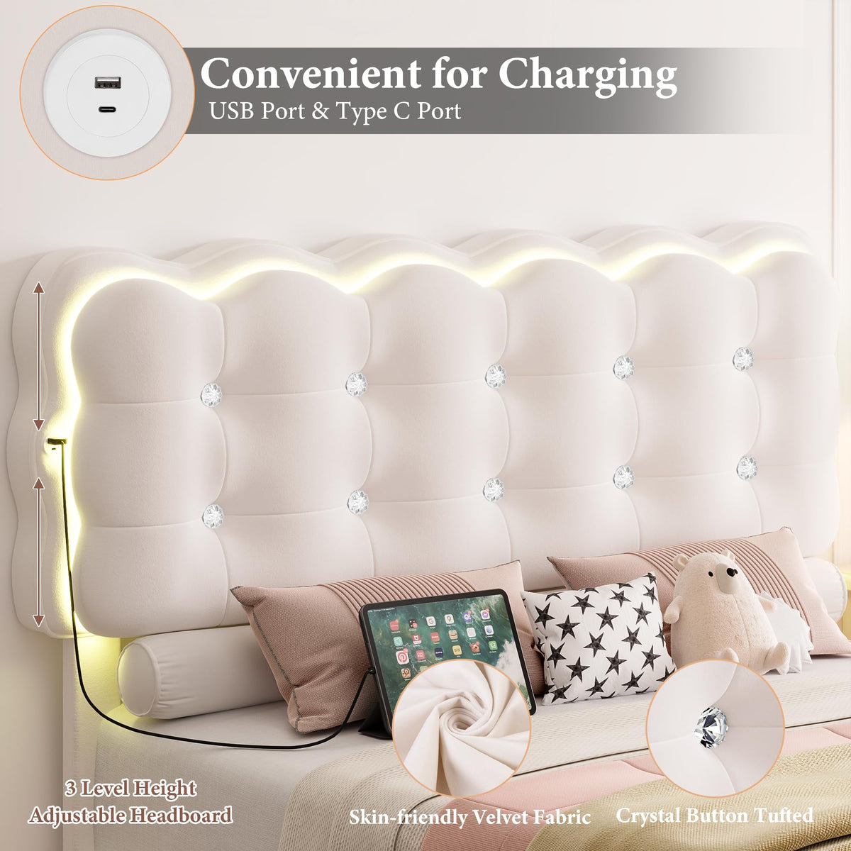 HIFIT Upholstered Full Size LED Bed Frame with Charging Station and Adjustable Crystal Button-Tufted Puffs Headboard, Velvet Princess Floating Platform Bed Frames for Girls, No Box Spring Needed,Beige