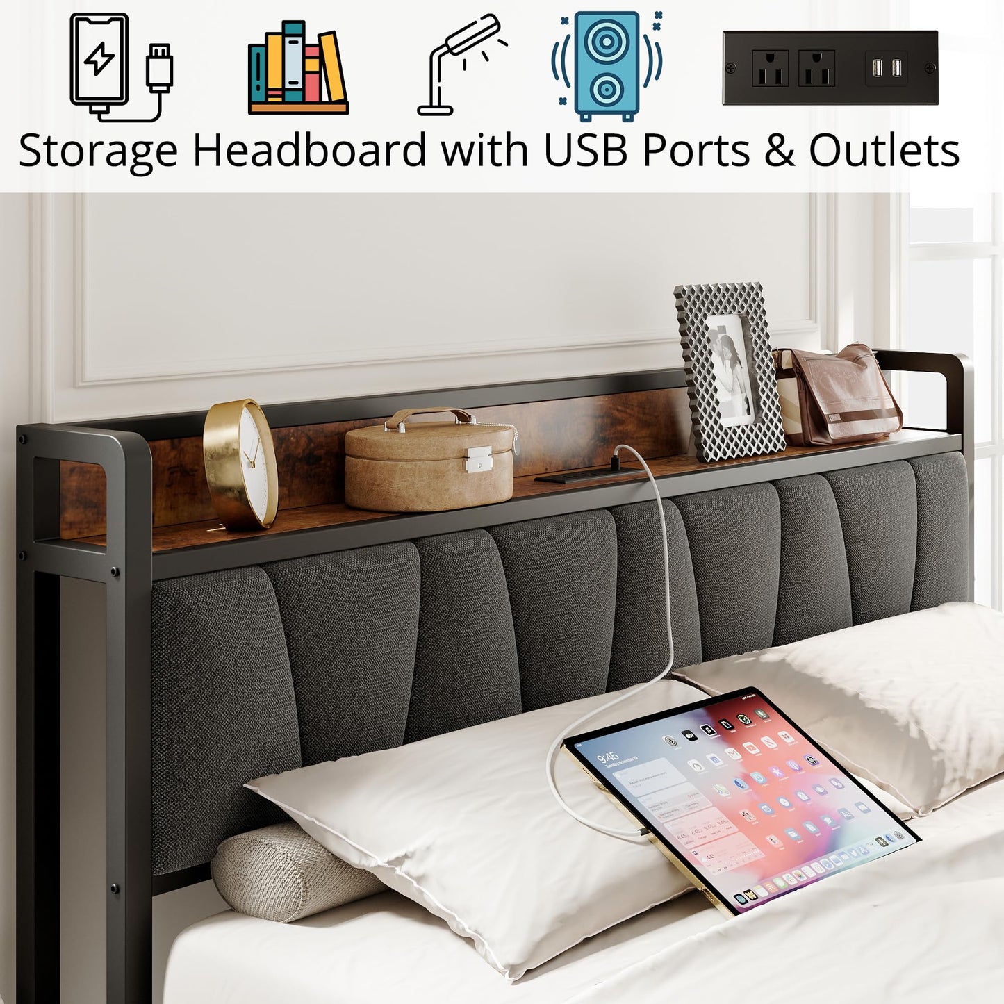 LIKIMIO Queen Bed Frame, Storage Headboard with Charging Station, Solid and Stable, Noise Free, No Box Spring Needed, Easy Assembly