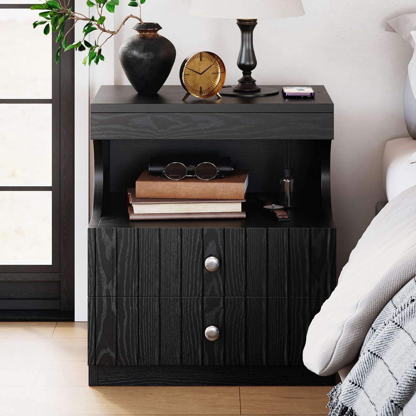 LIKEMET 21" LED Nightstand with Charging Station, End Table with 2 Drawers Storage, Side Table with Open Shelf, Black Nightstand for Bedroom, Living Room, Black