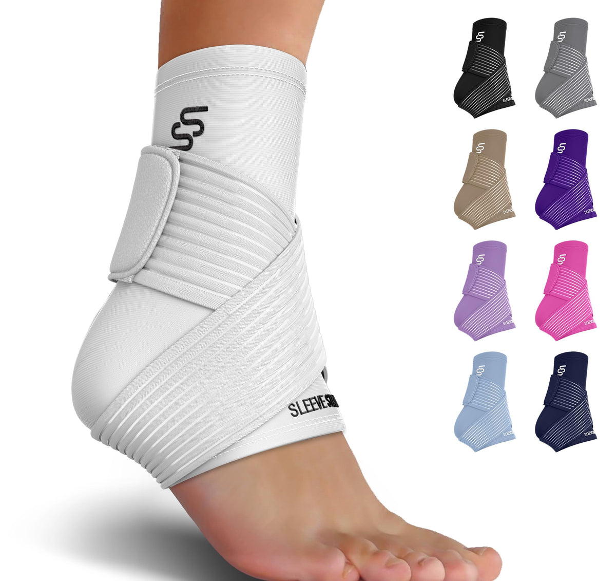 Sleeve Stars Ankle Brace for Sprained Ankle, Plantar Fasciitis Relief Achilles Tendonitis Brace, Ankle Support for Women & Men with Strap, Heel Protector Wrap for Pain & Compression (Single/White)
