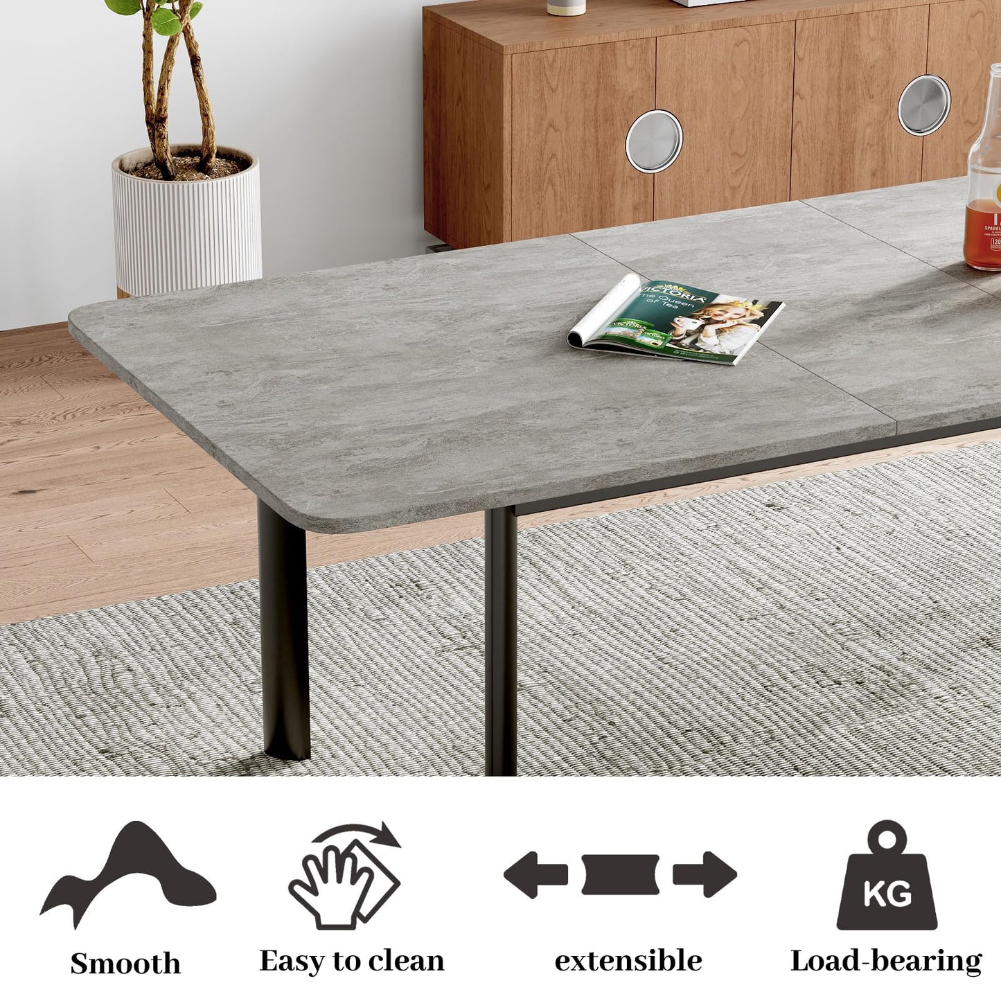 HIPIHOM 63"- 78.7" Extendable Dining Table, Thickened Expandable MDF Wooden Kitchen Table with Metal Legs, Scratch-Resistant, Easy to Clean