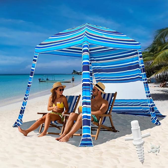 Grandekor Beach Cabana 6'×6' Beach Canopy with Sand Anchor Sidewall Hanging Hook UPF 50+ UV Beach Umbrella Portable Cool Cabana Beach Easy Set up and Take Down with Sand Pockets