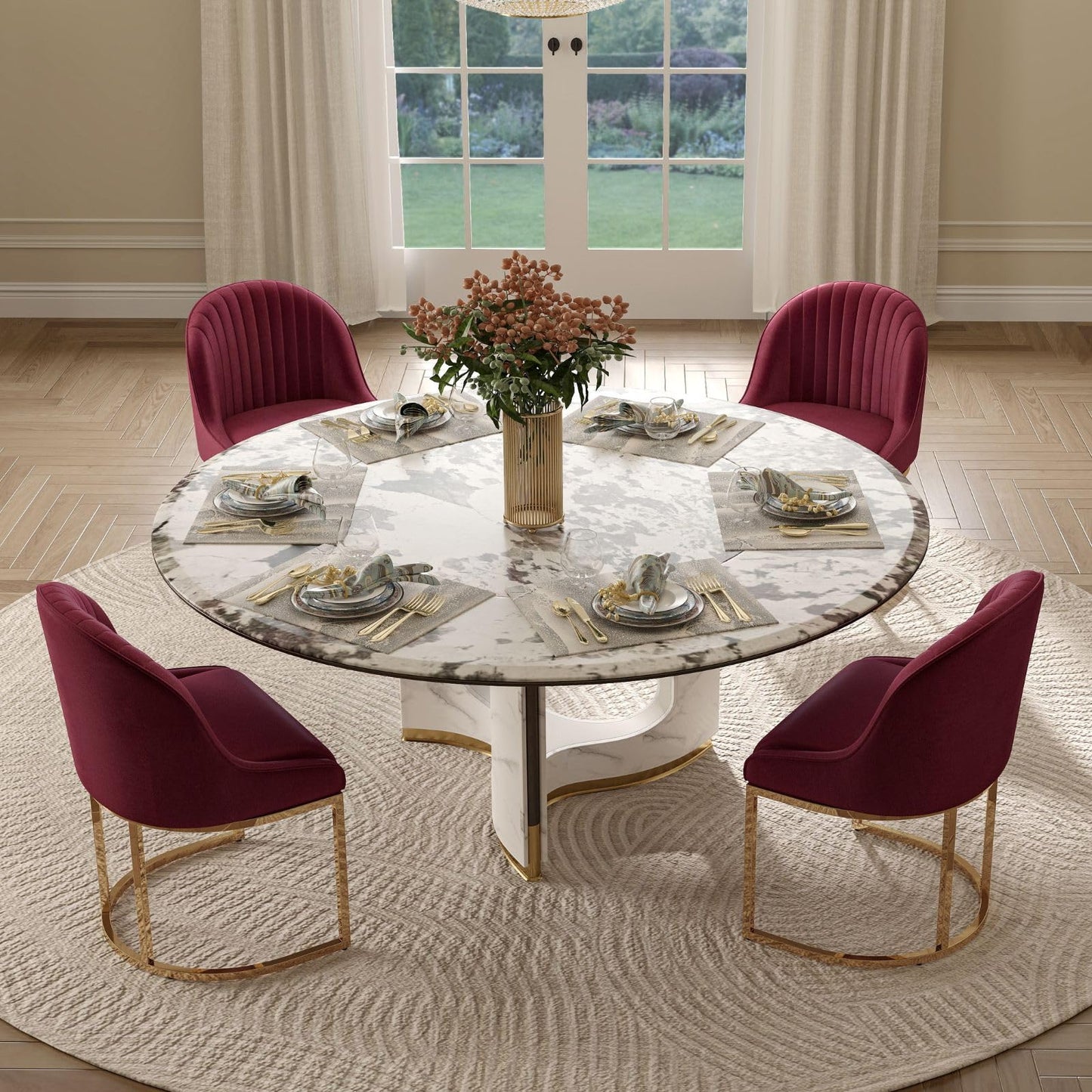 ChicAura Velvet Dining Chairs Set of 4, Modern Barrel Dinning Room Chairs with Golden Frame Upholstered Kitchen Chair Armless Accent Side Chair for Living Room/Kitchen/Dining Room/Hotel, Red