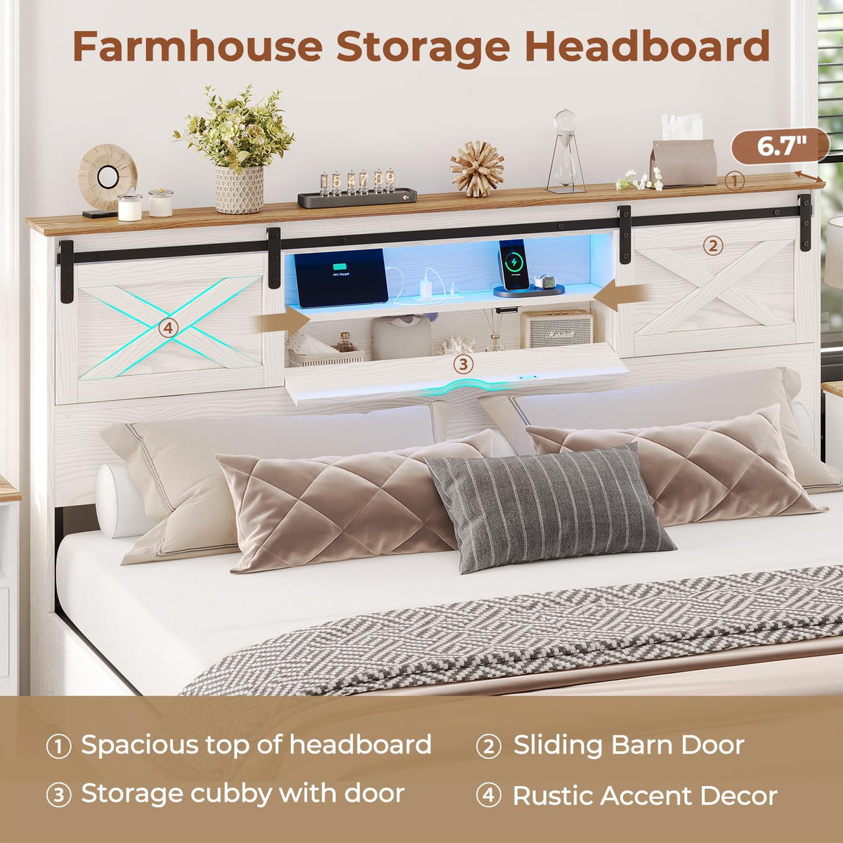 Hasuit Farmhouse Bed Frame King Size with Storage Bookcase Headboard, Wooden King Bed with LED Lights, Charging Station, 2 Drawers, Country Rustic Bed Frame with Sliding Barn Door