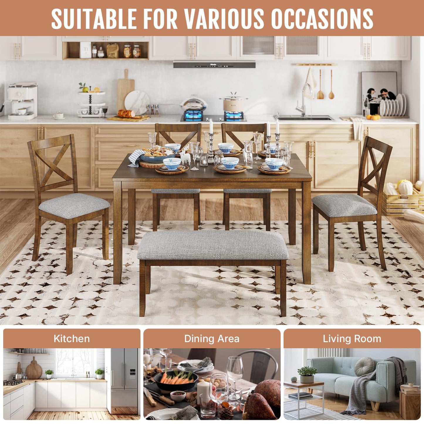 Zevemomo 6-Piece Solid Wood Dining Table Set, Including 1 Dining Table, 4 Upholstered Chairs and 1 Bench, Wooden Dining Table Set for Kitchen, Dining Room, Walnut