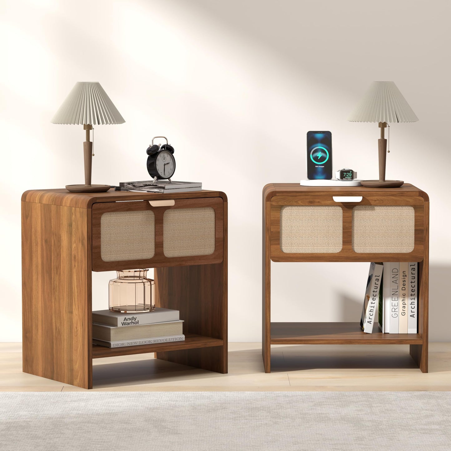 LEVNARY Nightstand with Charging Station, Mid-Century Modern Bedside Table with Curved Top Corners and Fabric-Like Textured Drawer, Wooden End Table for Farmhouse Bedroom Living Room (1, Walnut)