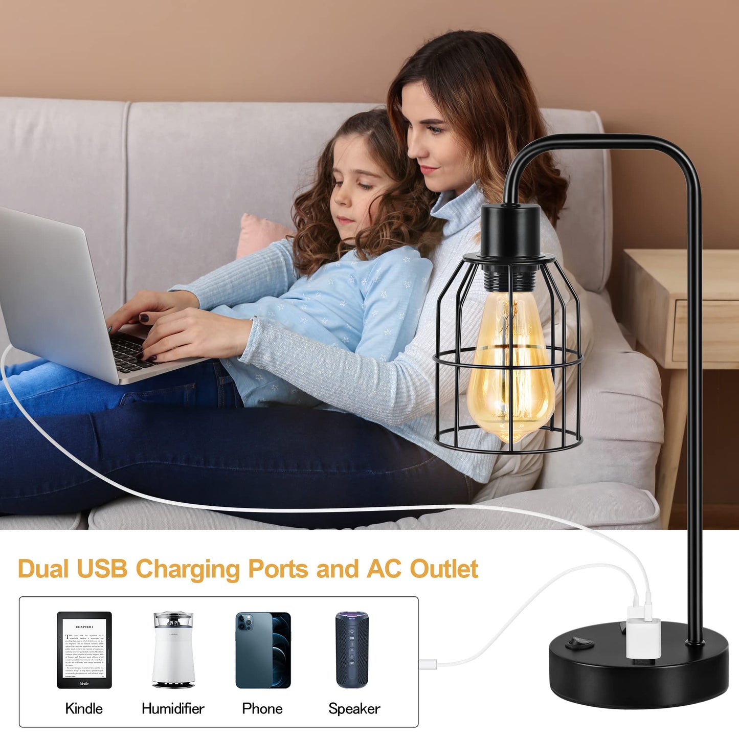 BTY Bedside Lamps Set of 2 Industrial Table Lamp with Dual USB Charging Ports and 2 Prong AC Outlet Farmhouse Nightstand Desk Lamps Edison Lamp with Metal Wire Cage for Bedroom Living Room