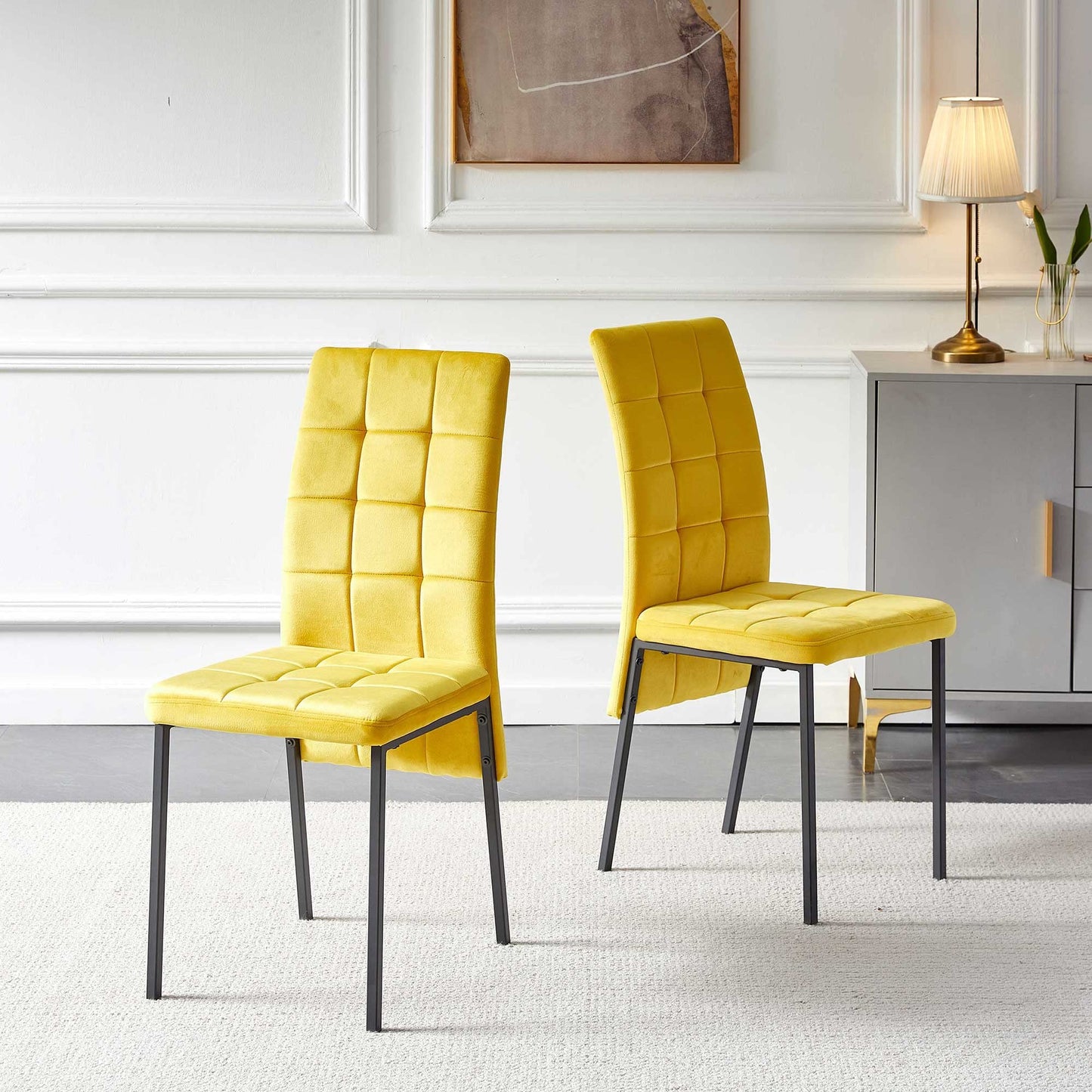 NORDICANA Upholstered Velvet Dining Chairs Classic Kitchen High Back Chairs Set of 4, Featured Dovetail Tufted Side Chairs, Black Metal Legs, Yellow
