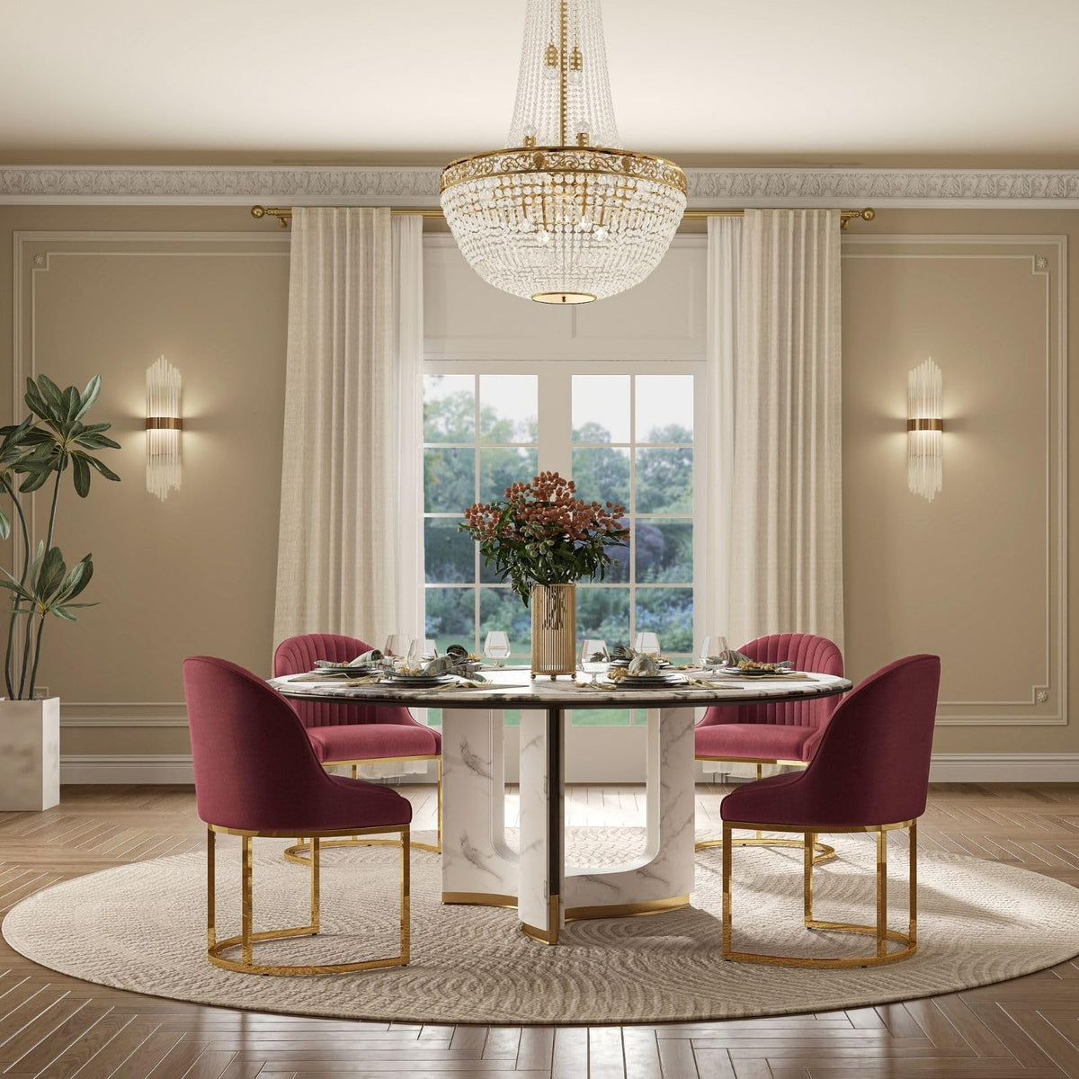 Hyfirm Wine Red Modern Dining Room Chairs Set of 4, Upholstered Kitchen Chairs with Gold Chrome Metal Legs, Round Back, Velvet Accent Stools for Kitchen & Dining Room