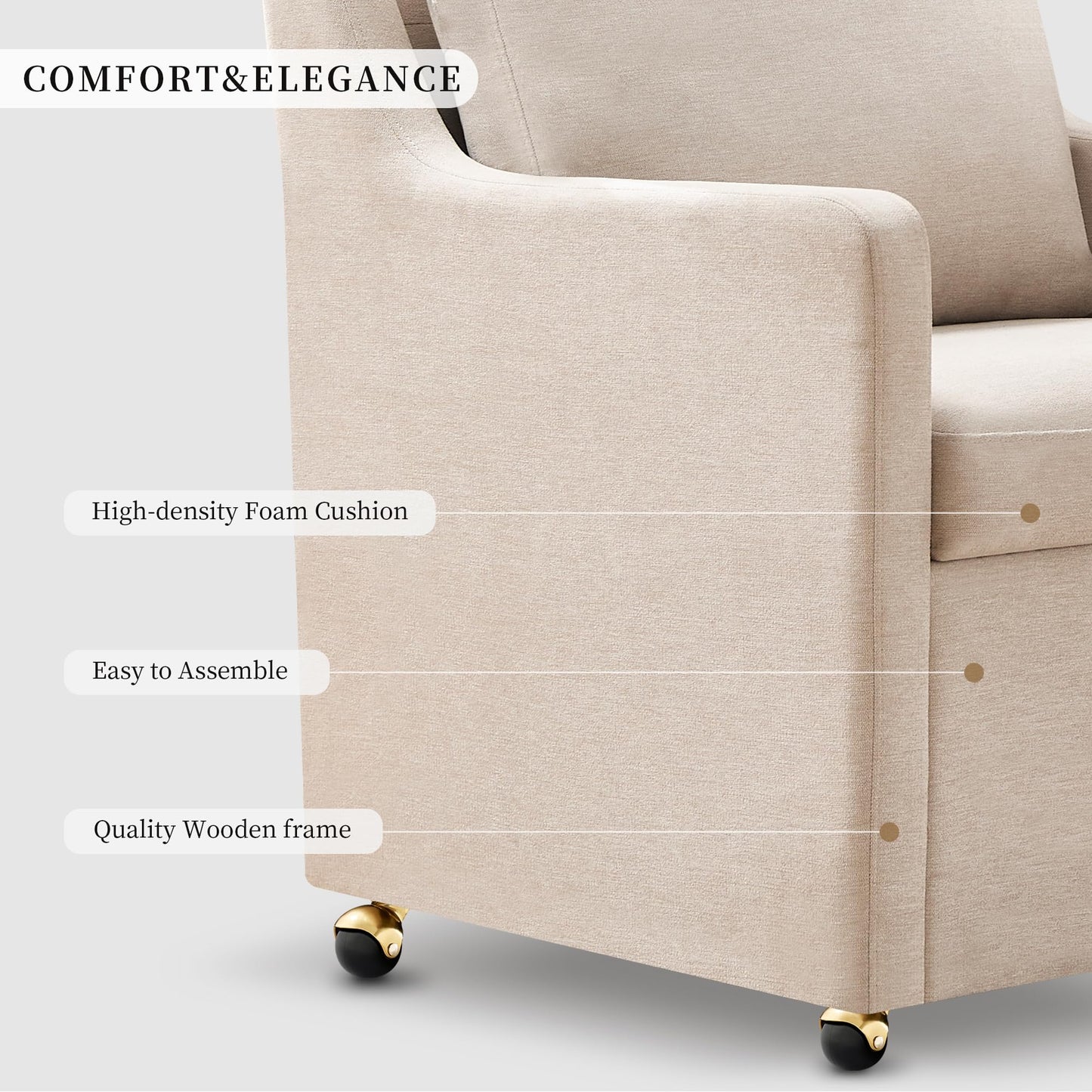 VIKAYAMICS Modern Dining Chair, Linen Upholstered Dining Chairs with Back Pillow and 4 Casters, Accent Armchair for Reading Room Living Room Bedroom