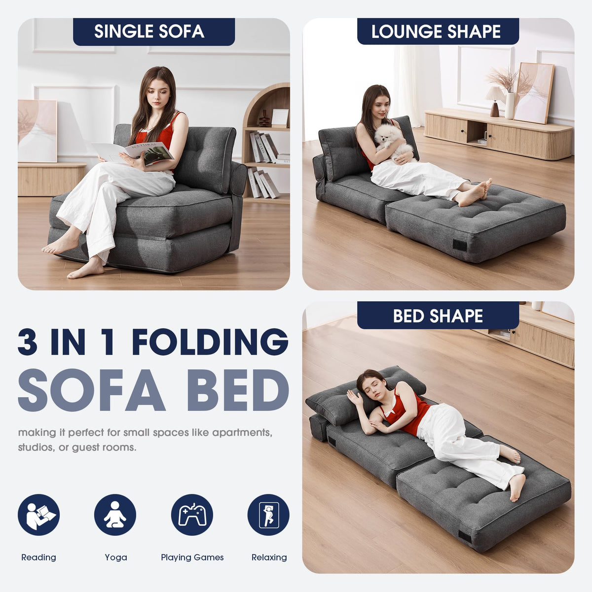 KINGYES Folding Sofa Bed, Convertible Sleeper Chair with Pillow for Adults, Foldable Single Futon Chair Floor Sofa Lounge for Living Room, Grey