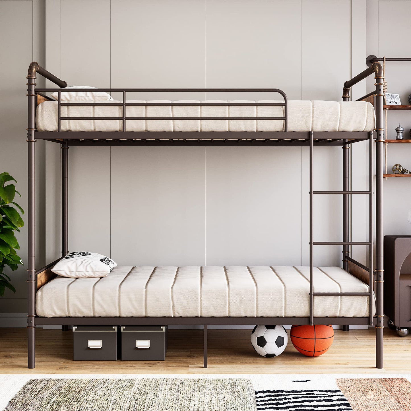 GAOMON Bunk Bed Twin Over Twin,Metal Bunkbeds with Ladders & 16.6" Safety Guardrail,Twin Bunk Beds for Kids,Adults and Small Spaces,No Box Spring Needed,Brown