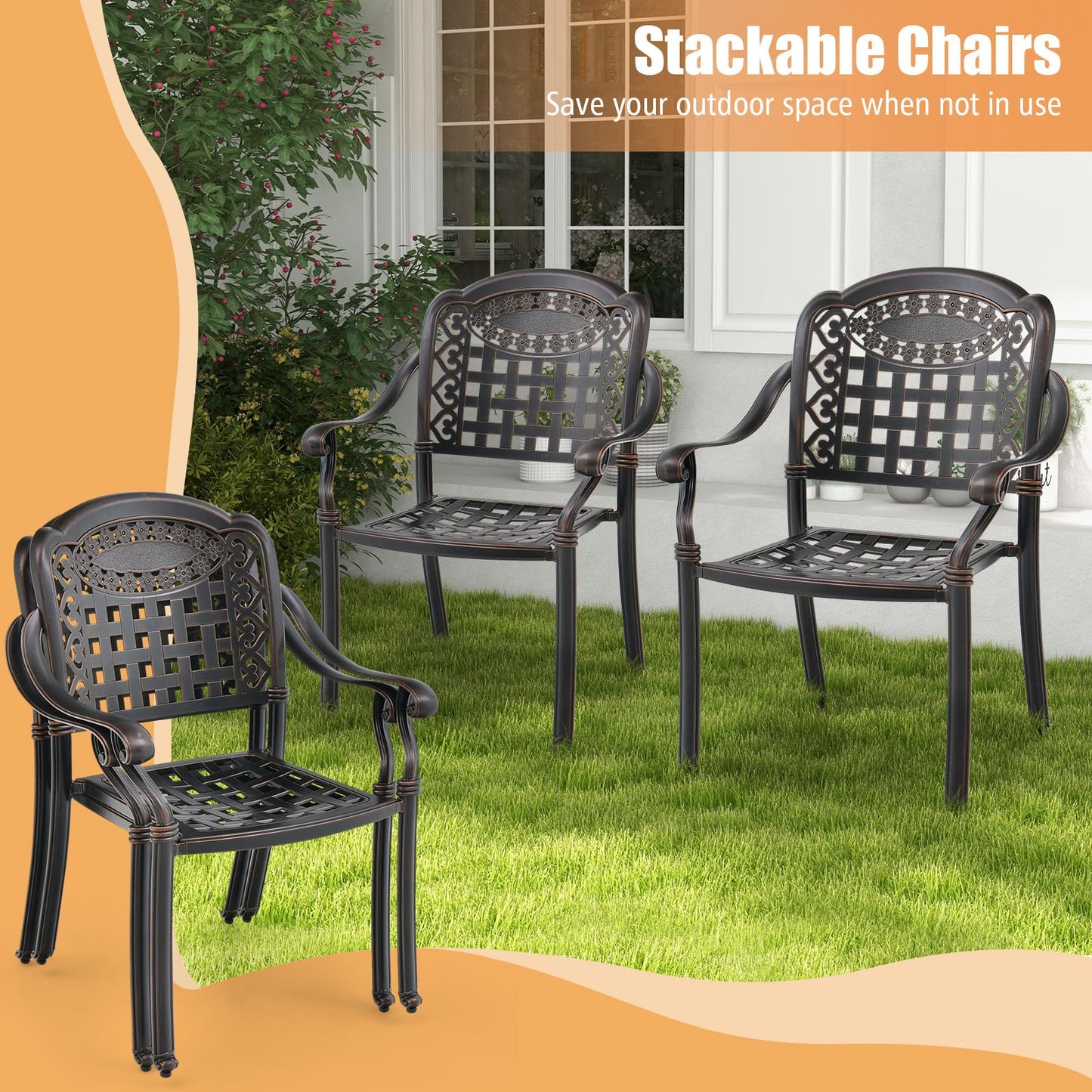 Tangkula Set of 4 Cast Aluminum Patio Dining Chairs, Stackable Outdoor Dining Chairs with Armrests, Outdoor Bistro Chairs for Balcony, Backyard, Garden