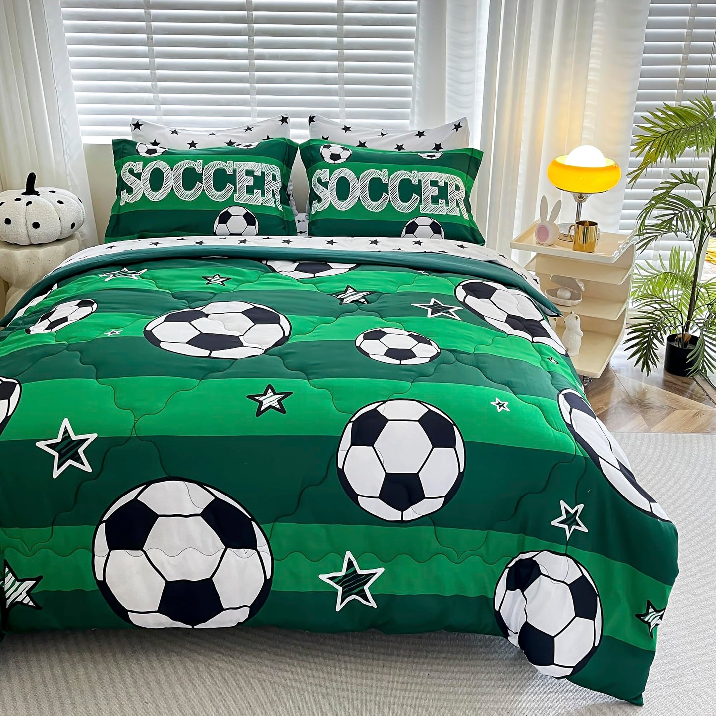 Gusuhome 7 Piece Boys Soccer Comforter Set Twin Size Bed in A Bag 3D Football Playground Sports Bedding Set for Kids Microfiber Comforter All Season Green