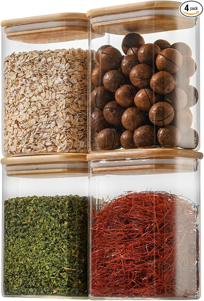 37oz Rectangle Airtight Glass Storage Containers with Bamboo Lids (Set of 4), Square Food Storage Jar, Pantry Organizers for Cereal, Nuts, Snacks and Coffee beans (‎with Black Lable)