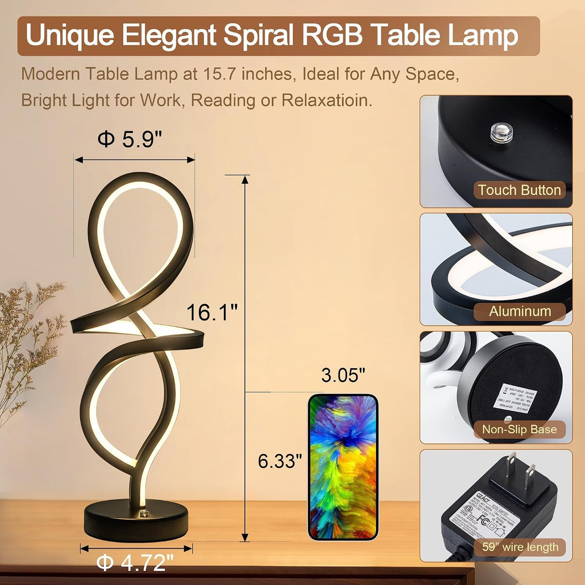 RGB Modern Small Table Lamp with LED Spiral Design, 15W Nightstand Lamp