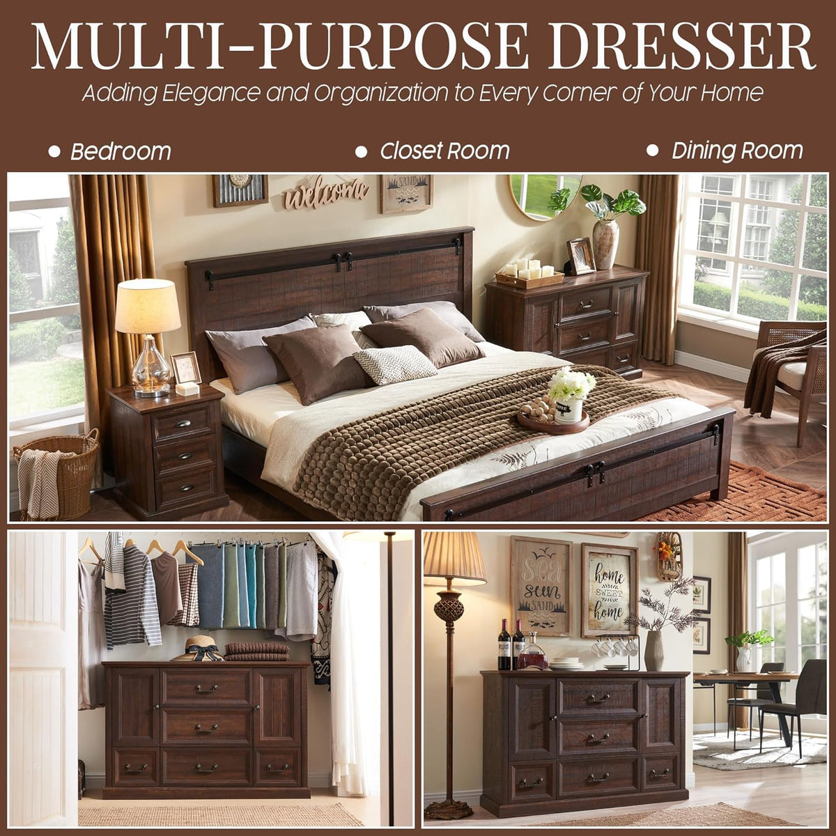 IFGET Farmhouse 5 Drawers Dresser for Bedroom, Wood Rustic Storage Organizer Closet Chest, Chest of Drawers w/Groove Barn Door&Shelf for Closet, Hallway, Living Room, Dining Room-Brown