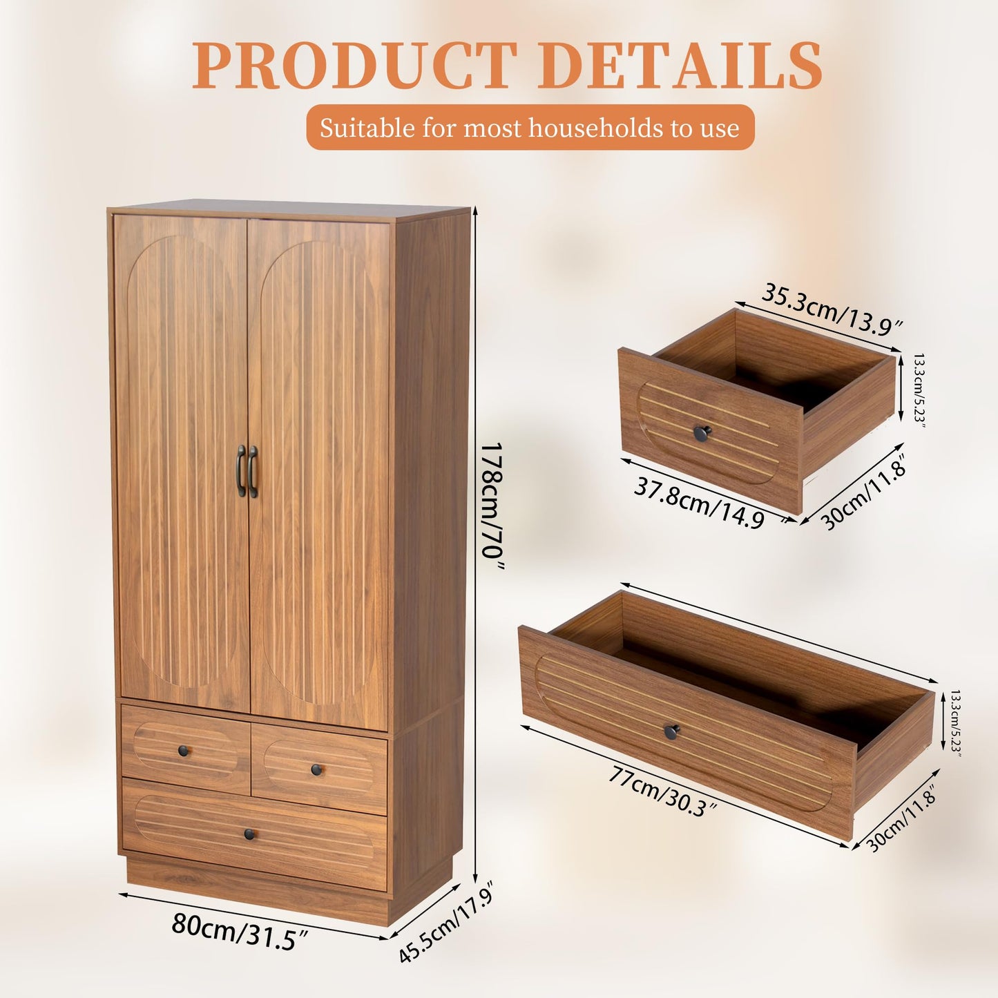 Jluomei Armoire Wardrobe Closet with Doors, Wardrobe Cabinet with 3 Drawers, Wooden Large Clothing Storage Cabinet with Hanging Rod and Shelf, Mid-Century Modern Tall Closet for Bedroom, Walnut
