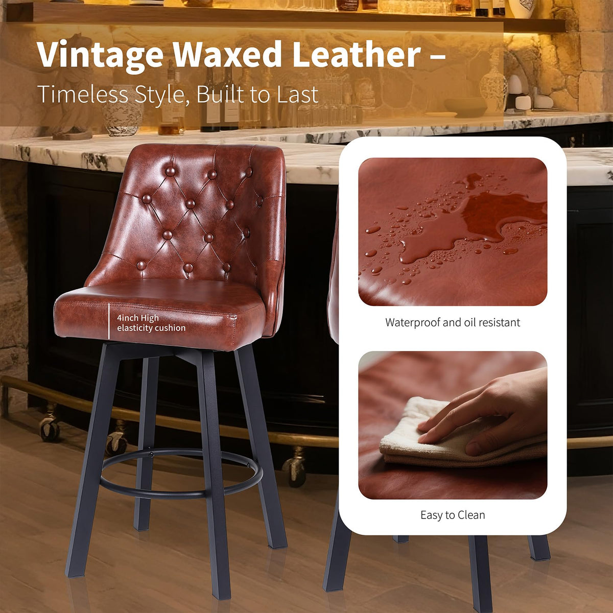 ralex-chair Swivel Counter Height Barstools Set of 4, 26’’H Modern Counter Stools with Metal Legs,Faux Leather Upholstered Bar Stools with Back for Kitchen Island, Dining Room, Pub - Brown