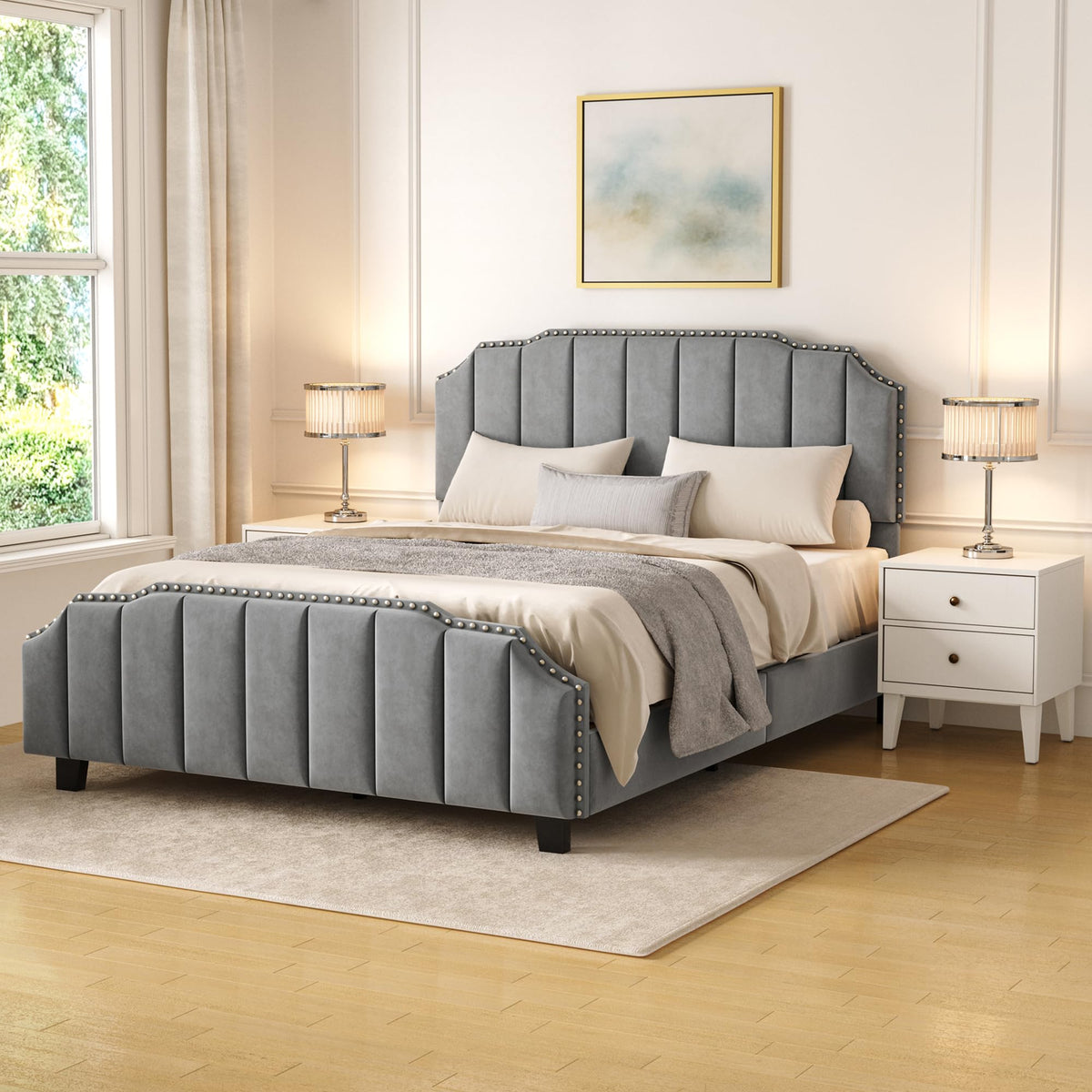 RIHHA Grey Queen Size Upholstered Platform Bed Frame with 46.8'' Tall Vertical Channel Tufted Headboard, Wooden Slats, Noise-Free, No Box Spring Needed, Easy Setup