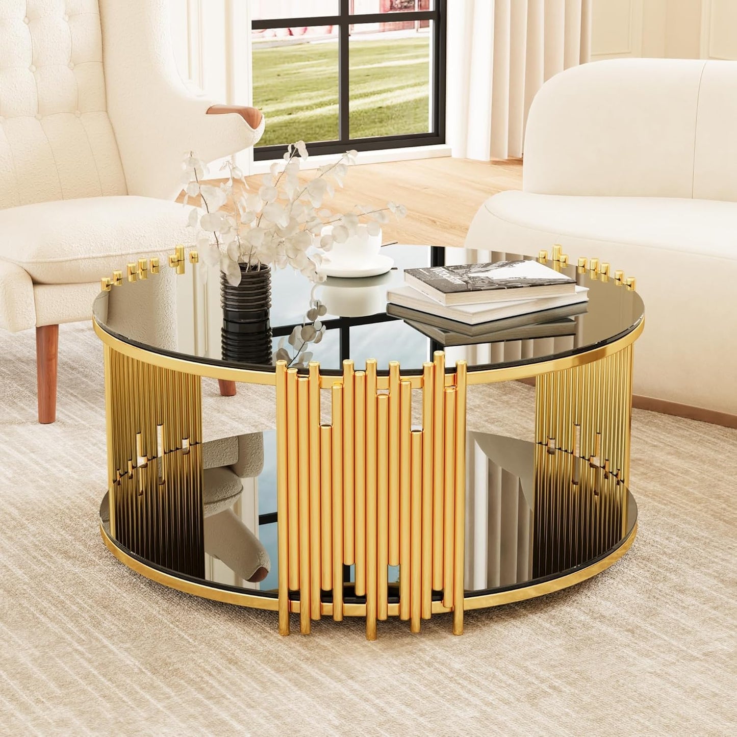 KUVADAZ Round Coffee Table with Gold Stainless Steel Base, 2-Tier Black Glass Coffee Table Center Table, Modern Coffee Table Circular Living Room Table Cocktail Tables, Circle Center Tables