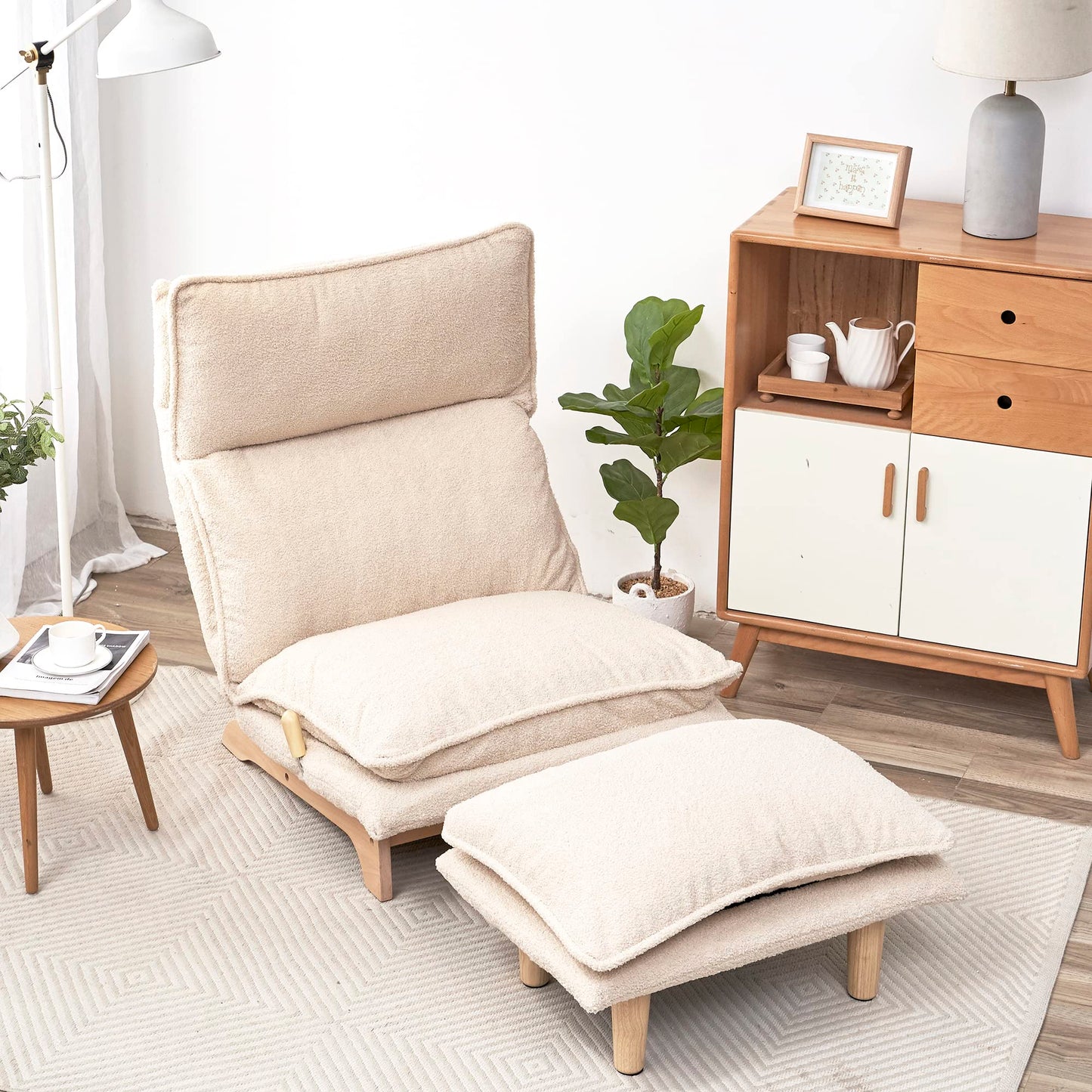 YzzhStaryefire Floor Chair Single Lazy Sofa Leisure Balcony Reclining Japanese Tatami Adjustable Recliner with Ottoman for Living Room, Bedroom, Indoor Use (Stacked Footstool, Beige)
