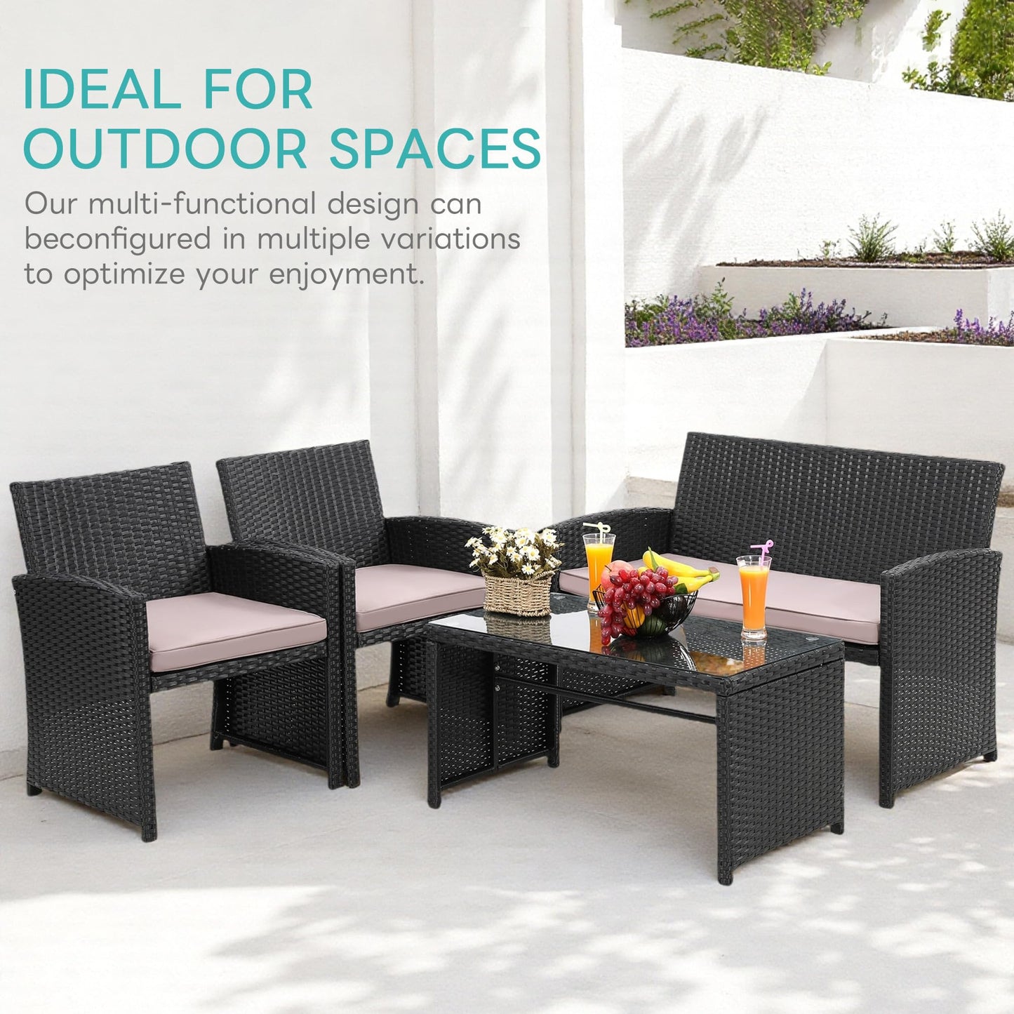 Murago 4 Piece Patio Furniture Set, Wicker Outdoor Conversation Sets, Patio Furniture with Matching Wicker Coffee Table, Sofa, and 2 Chairs,Black Rattan with Light Grey Cushion