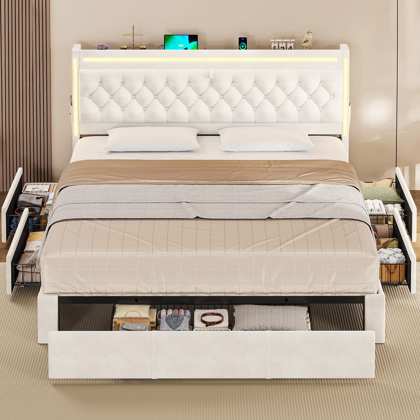 BTHFST King Upholstered LED Bed Frame with 5 Drawers, Velvet Hidden Storage Headboard with Charging Station, Button Tufted Headboard and Heavy Duty Metal Slats Support, No Box Spring Needed, Beige