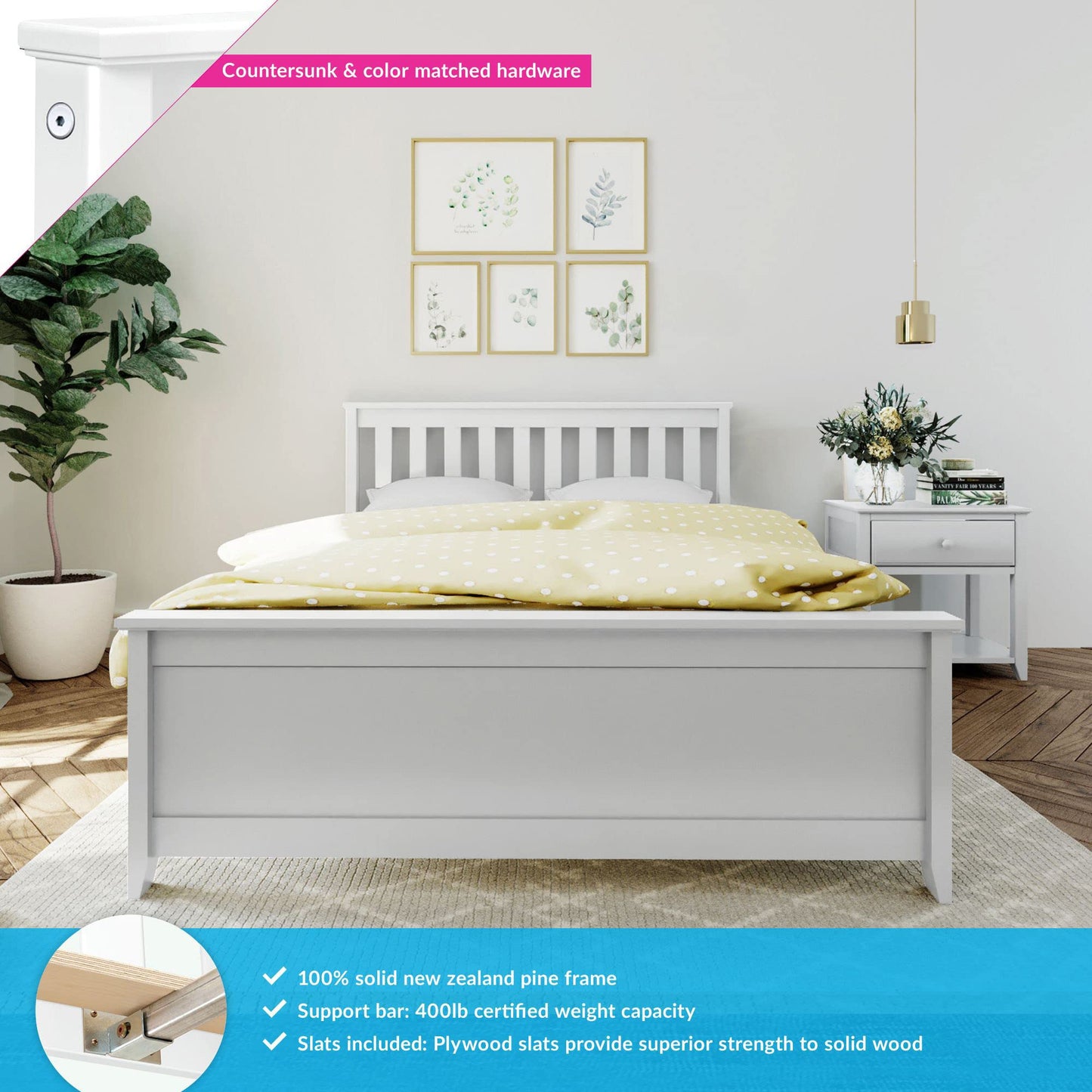 Max & Lily Full Size Bed Frame with Slatted Headboard, Solid Wood Platform Bed for Kids, No Box Spring Needed, Easy Assembly, White