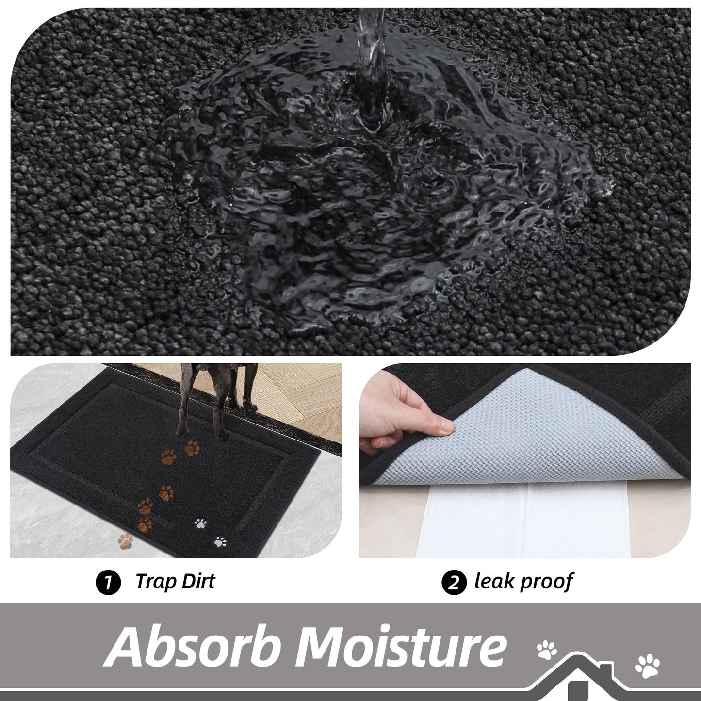 BEQHAUSE Dog Door Mat for Muddy Paws 20"x32" Dirt Trapper Absorbent Doormat Non Slip Entryway Rugs Washable Stain Resistant Welcome Floor Mat Soft Low-Profile for Front Back Door, Black