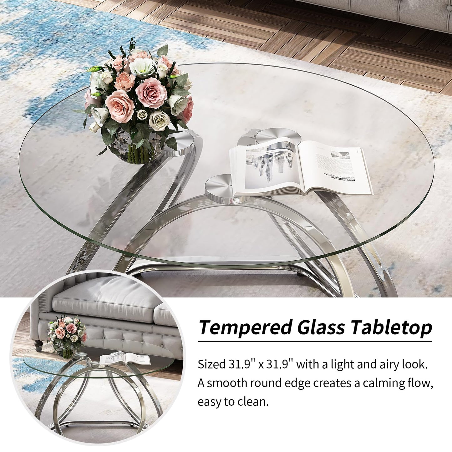 O&K FURNITURE Glass Coffee Table, Modern Silver Coffee Table Living Room Table with Hexagonal Base, Round Coffee Table for Home&Office, Chrome Finish, 1 PC