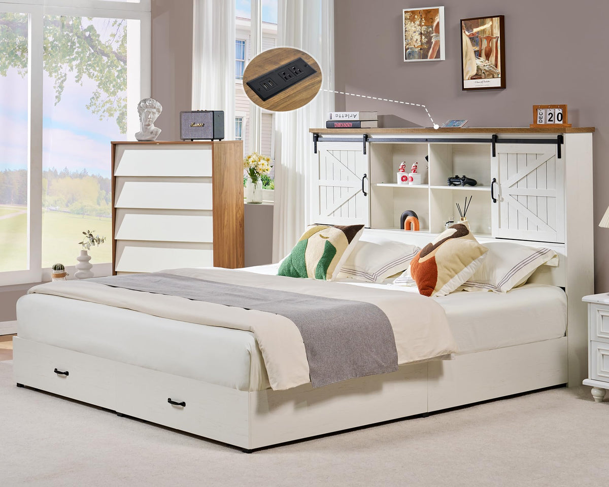 VanAcc Farmhouse King Bed Frame, Wooden Platform Storage Bed with 51.2" Bookcase Headboard, 2 Drawers, Charging Station/No Box Spring Needed/Noise Free, White