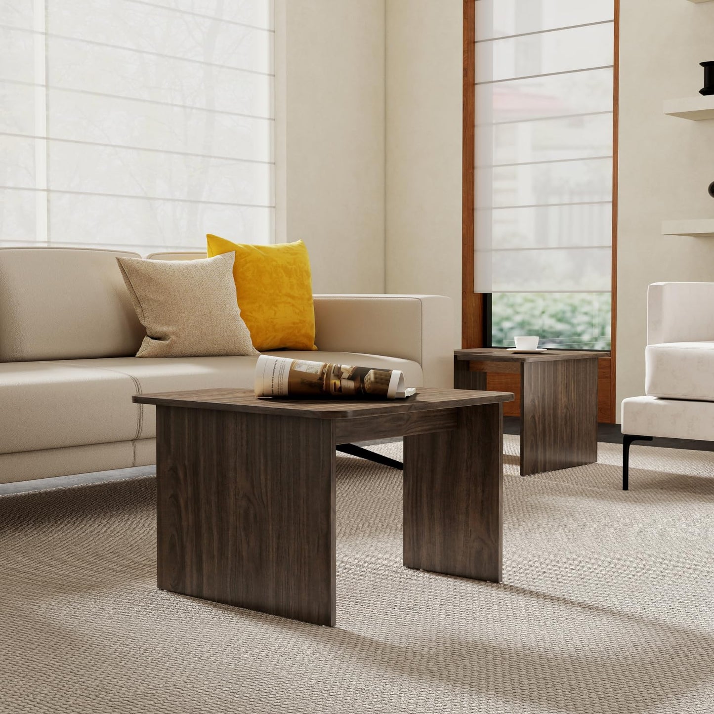 Modern Nesting Coffee Table Set of 2, Walnut Wooden L-Shape Square Coffee Table for Living Room, Small Center Table End Table Sets with Rustic Wood Grain for Bedroom Office Cafe