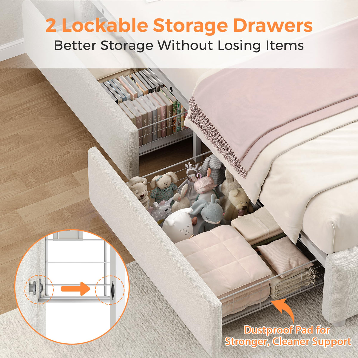 Full Boucle Upholstered LED Bed Frame with Storage Drawer and Adjustable Chic Double Arc Headboard, Princess Platform Cloud Bed with Backrest, Heavy Duty Metal Support, No Box Spring Needed, White