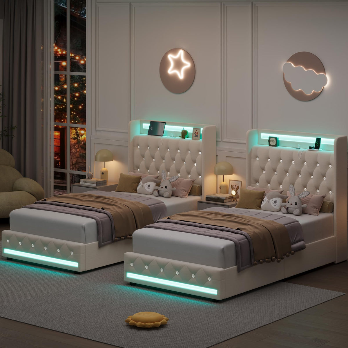 HIFIT Full LED Bed Frame with Charging Station and 4 Storage Drawers, Velvet Upholstered Platform Bed with Handcrafted Crystal Button Wingback Headboard, Metal Frame with No Box Spring Needed, Beige