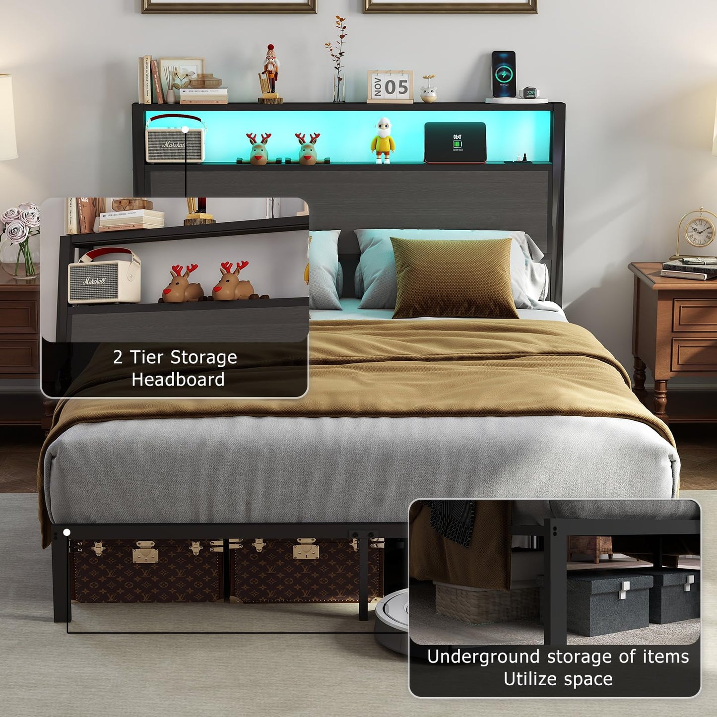 Queen Size Bed Frame with Headboard, Metal Platform Bed Frame with LED Lights & Charging Station, Under Bed Storage, Solid and Stable, No Box Spring Needed, Noise Free, Easy Assembly, Dark Grey