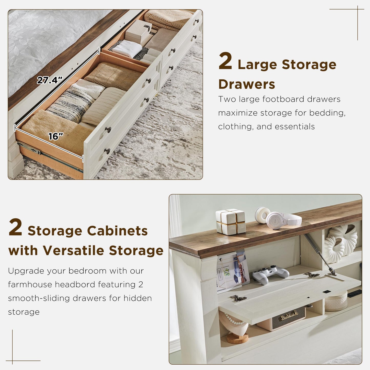 Farmhouse Queen Size Bed Frame with 54" Tall Storage Bookcase Headboard, Wood Platform Bed Frame with 2 Drawers & 18" Tall Roman Column Decoration Footboard, No Box Spring Needed(Antique White)