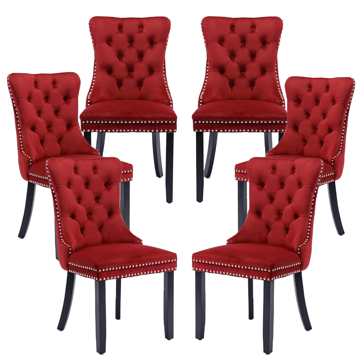 LKTART Dining Chairs Set of 6 Velvet Upholstered Tufted Back with Nailhead Trim and Back Ring Pull Solid Wood Legs for Kitchen Bedroom Dining Room Burgundy Red