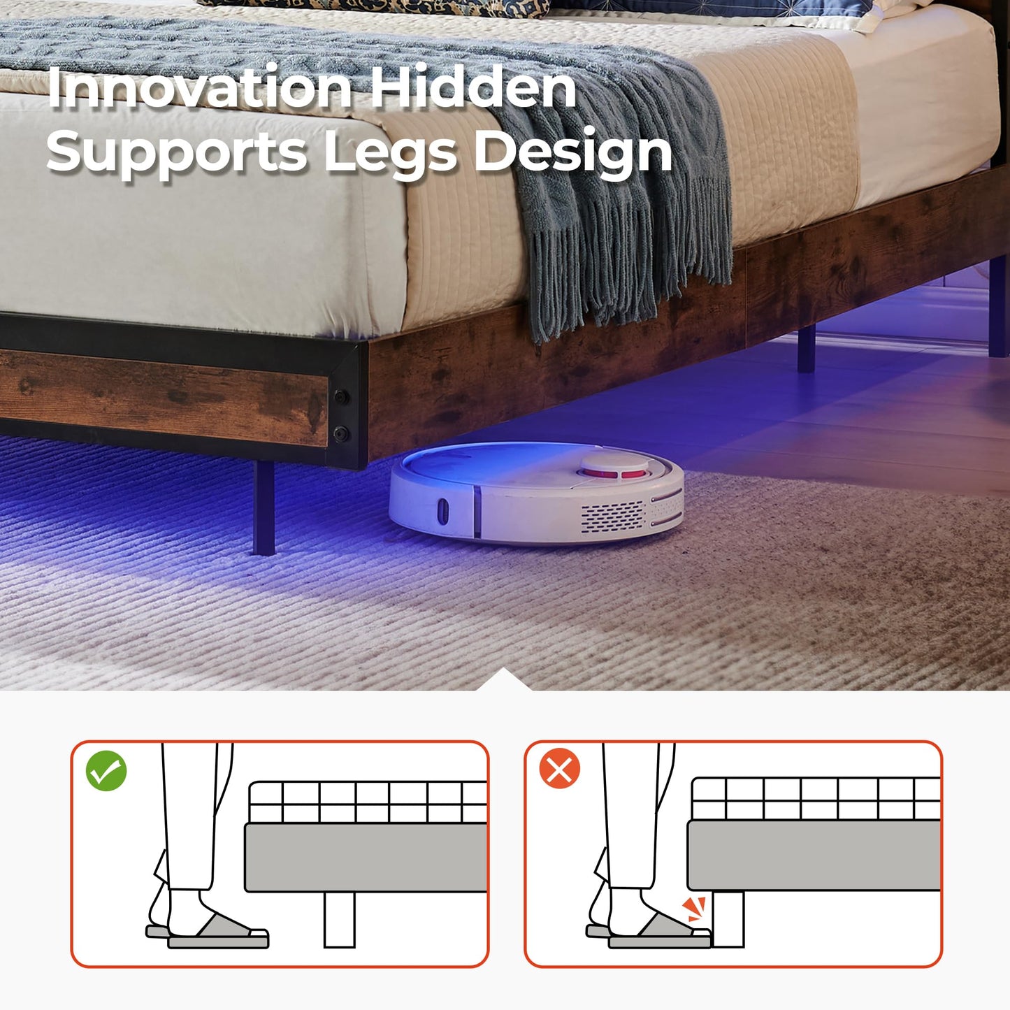 BedsPick Full Size Bed Frame with 2-Tier Storage Headboard, Sturdy Metal Platform Bed Frame with Charging Station & LED Lights, Noise-Free/Metal Support/No Box Spring Needed, Rustic Brown