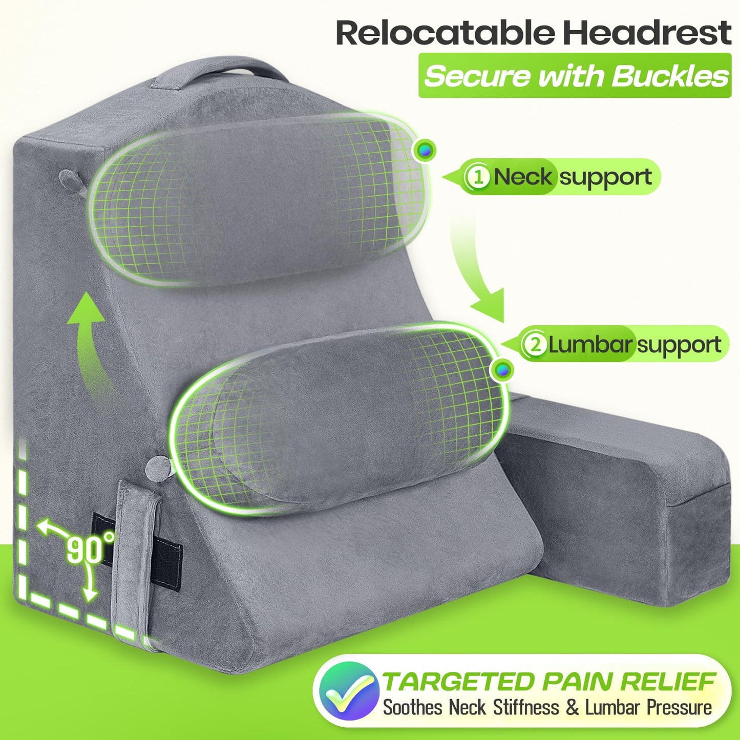 AS AWESLING Reading Pillow for Adults, Back Pillow for Bed Sitting Up, Backrest Pillow for Sitting in Bed, Detachable Arms with Built-in Cup & Phone Caddy (Gray, 21 INCH)
