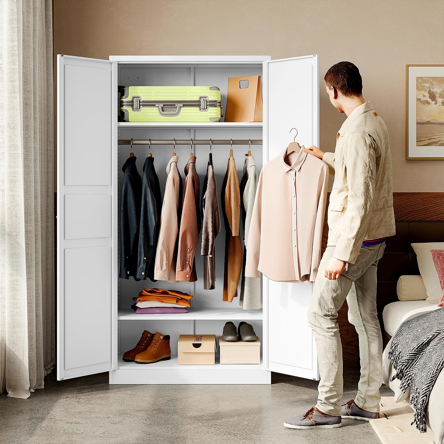 BYNSOE Metal Armoire Wardrobe Closet with 2 Doors 72'' Wardrobe Cabinet with Hanging Rail Metal Closet with Adjustable Shelves for Bedroom Require Assembly(White, 72inch)