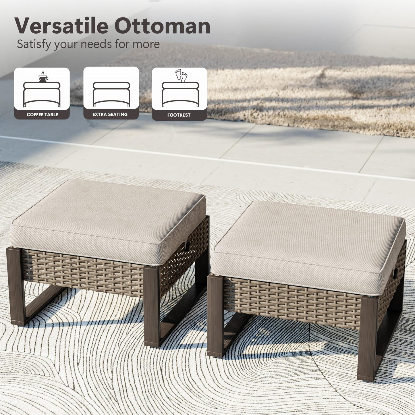 MaxMulti Patio Ottomans Set of 2, Outdoor Wicker Footrest with Thickened Cushions, Multipurpose Metal Patio Furniture for Outdoor, Backyard and Deck Use (Beige)