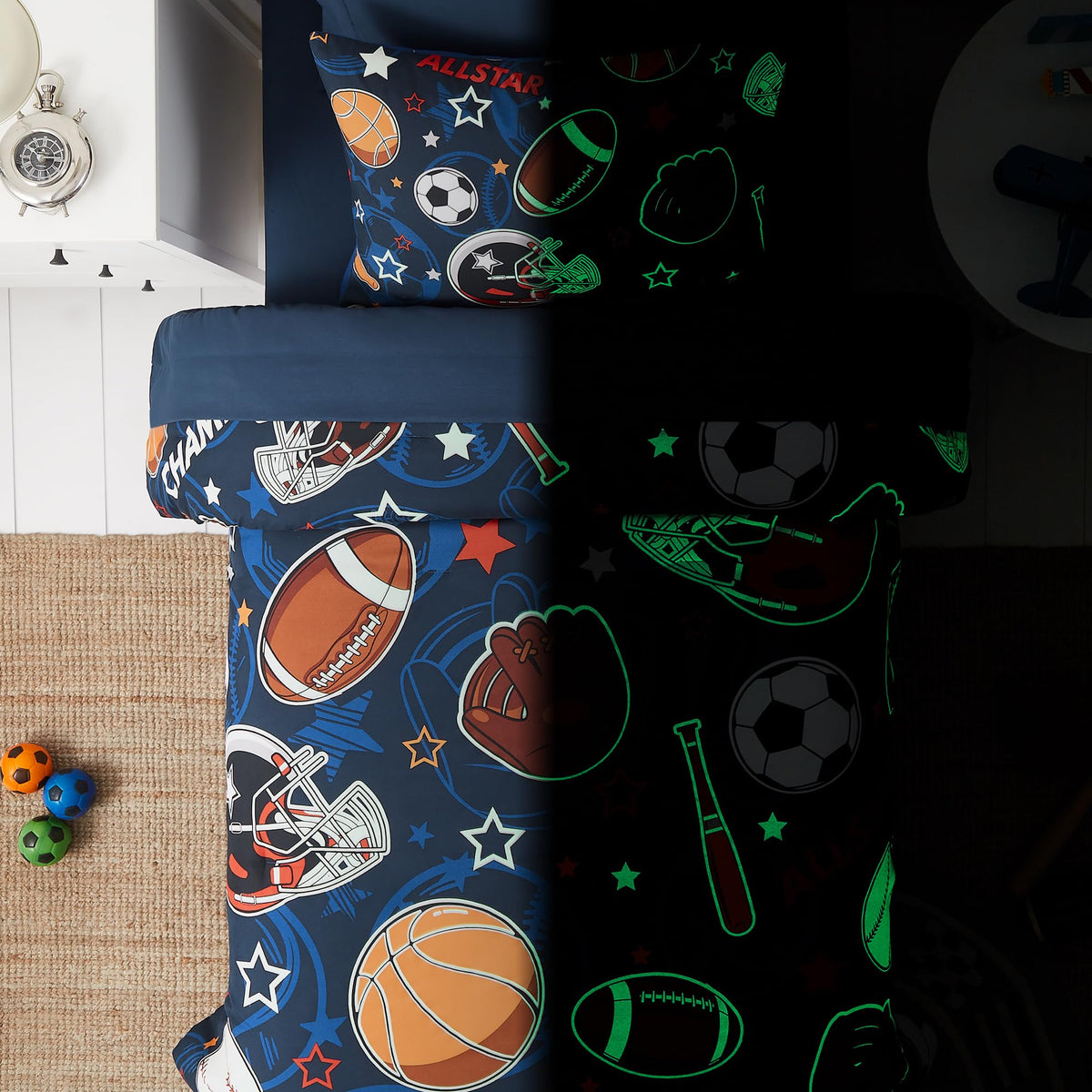 Kaleido Space Twin Kids Comforter Set - 5 Pieces Twin Bedding Sets for Boys Girls Teen, Glow in The Dark Sports Ball Games Bed in A Bag with Sheets