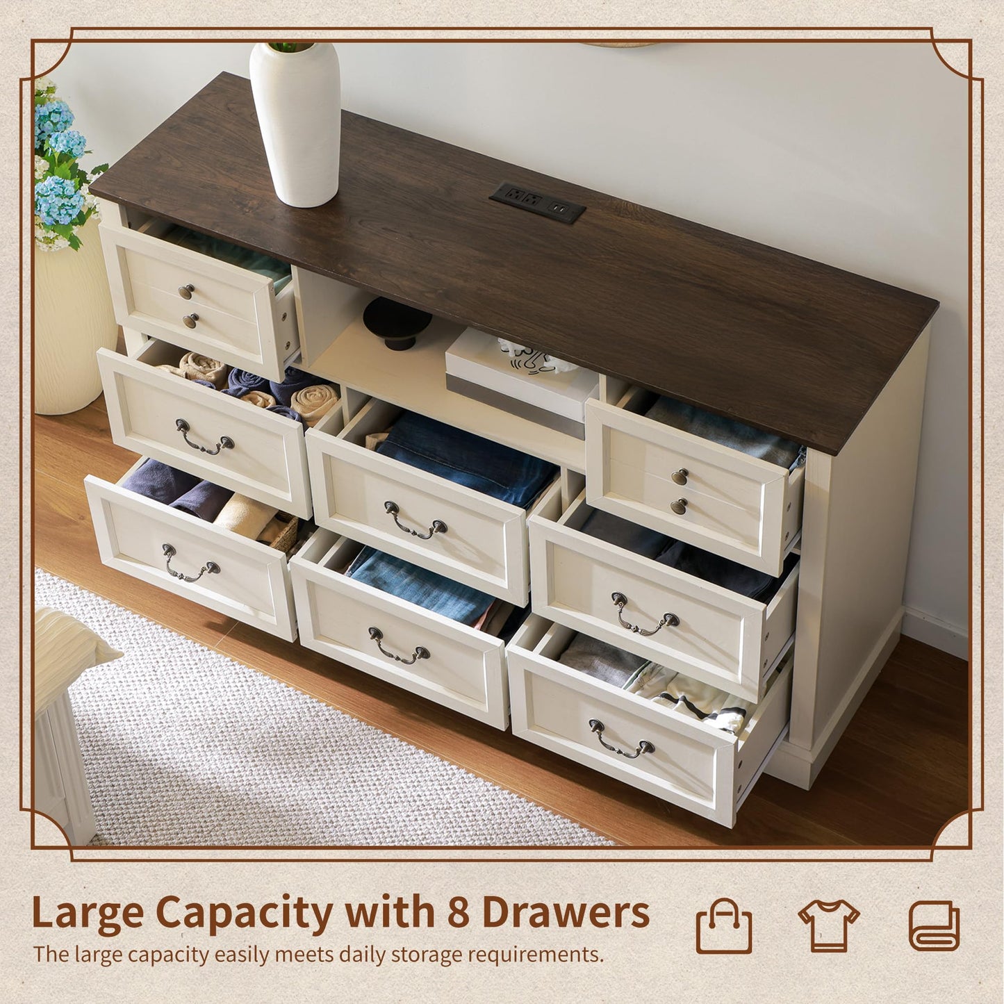 Homkdom White Dresser for Bedroom with Charging Station & Led Lights,55.02" TV Stand with 8 Drawers,Dressers & Chests of Drawers with Open Shelves,Hallway,Closet 55.02" W x 34.53" H x 15.77" D White